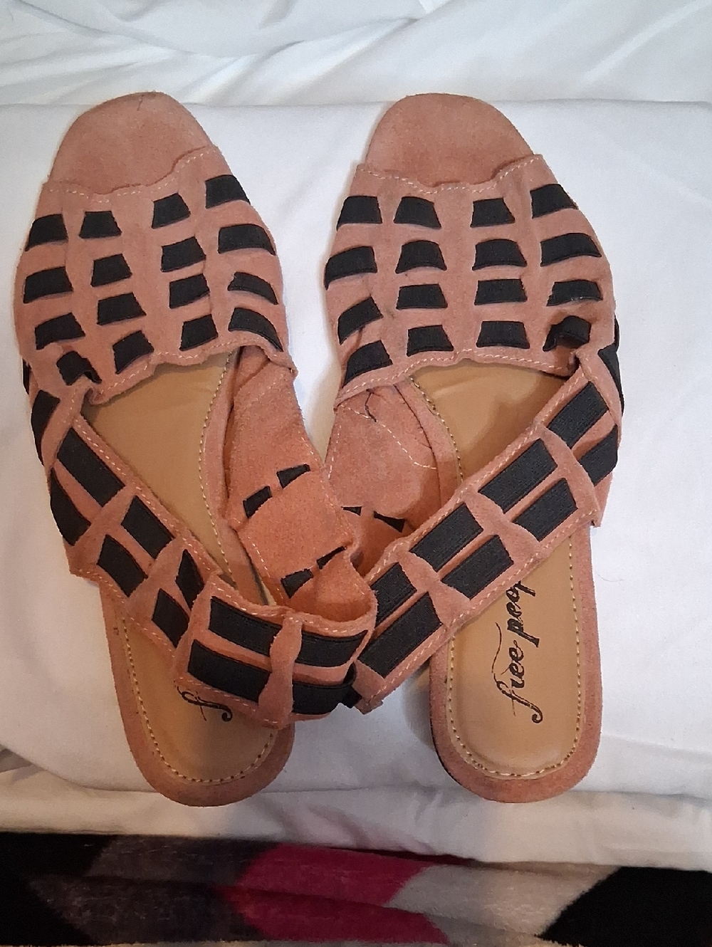 Free People Tan Suede Slide Sandals with Black Woven Cutouts